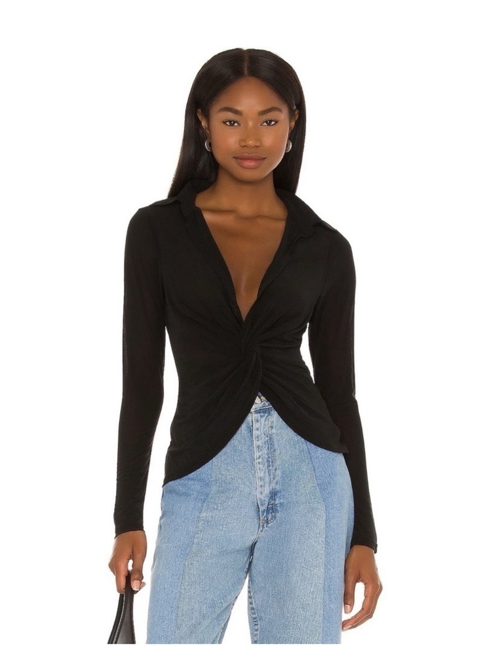 superdown Black Twist-Front Long Sleeve Top